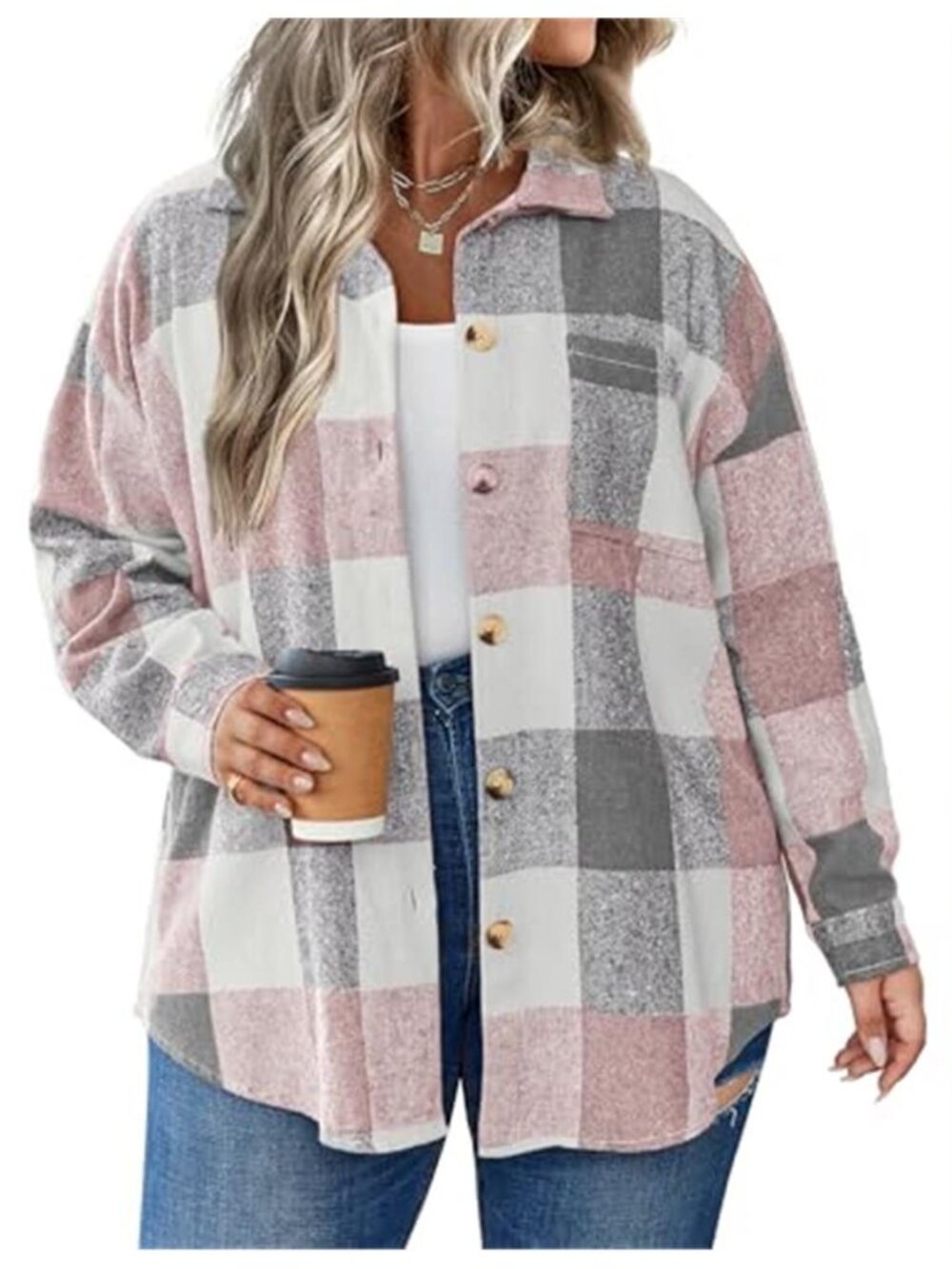 Plus Size Plaid Shacket Oversized Flannel Jacket Long Sleeve Button Front